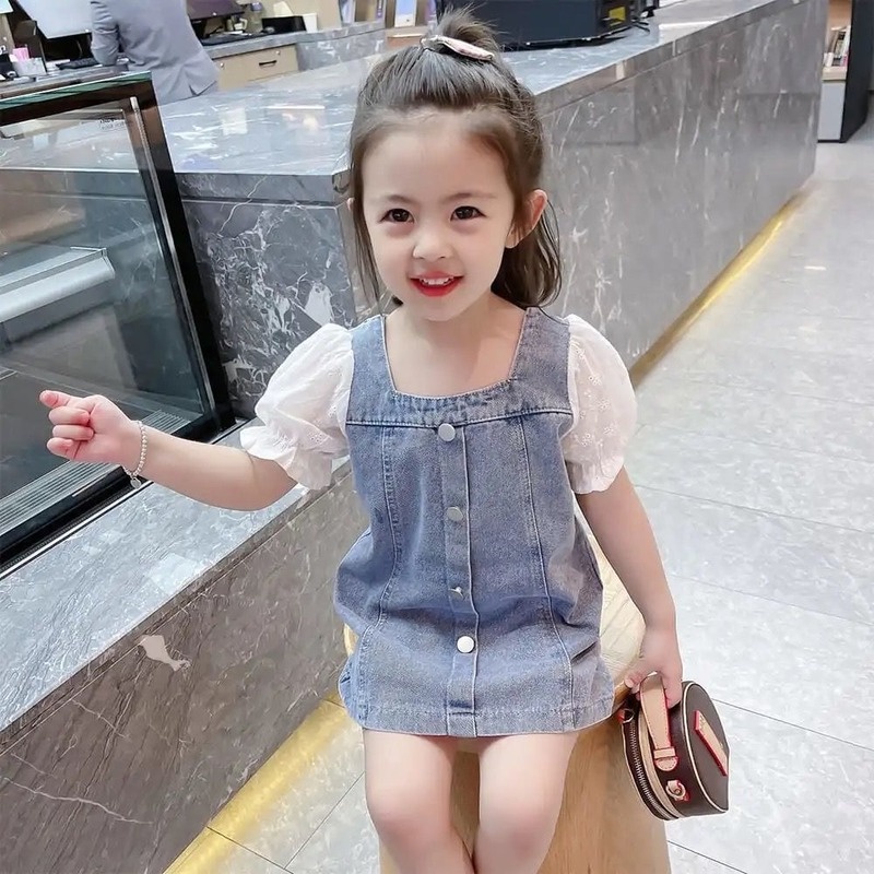Đầm Denim Tay Ngắn Thiết Kế Mới Thời Trang Mùa Hè Theo Phong Cách Hàn Quốc Cho Bé Gái