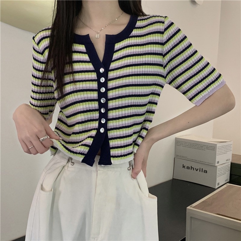 Áo cardigan ZHELIHANGFEI dệt kim tay ngắn kẻ sọc thiết kế trẻ trung cá tính cho nữ