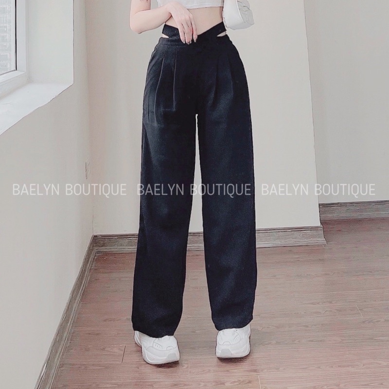 Quần suông ống rộng khuyết eo tôn dáng màu xanh và đen dành cho nữ - Hàng chuẩn QCCC | BigBuy360 - bigbuy360.vn