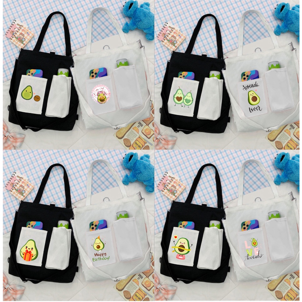 Túi Vải Tote Kiêm Balo avocado TBL1 hổ mập quả bơ trà sữa trứng lười yakult hoa cúc GD bò sữa gudetama shiba roro jump