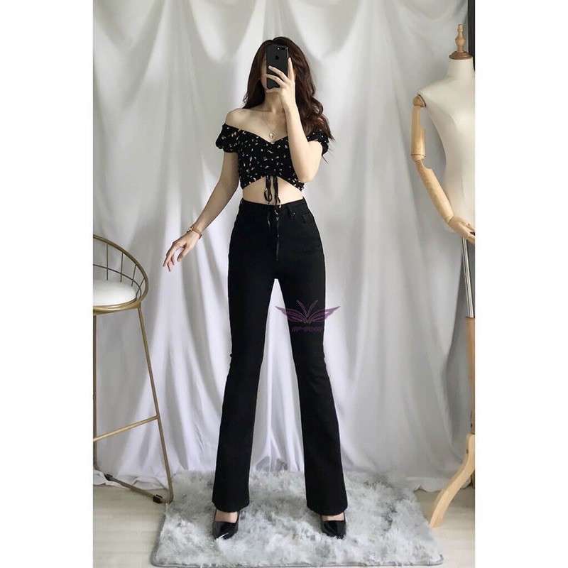 Quần jean nữ ống loe NPSHOP lưng cao hai màu đen trắng, quần bò ống loe kiểu trơn sang chảnh | BigBuy360 - bigbuy360.vn