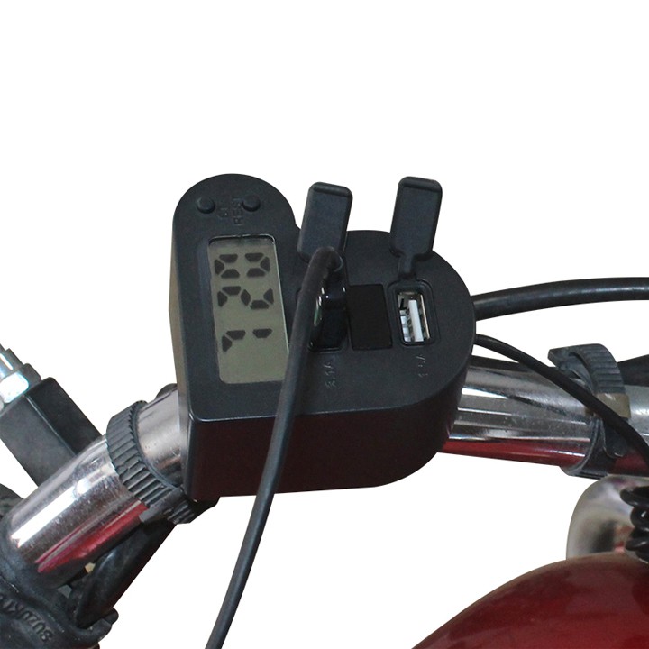 Sạc điện thoại kiêm đồng hồ gắn ghi Đông xe máy có đèn LED hiển thị điện áp 4sh