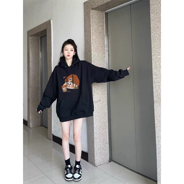 Áo Hoodie Nỉ Bông Cô Bé Trà Sữa Tay Dài Có Túi Bụng To Kèm Video Cận Chất Vải