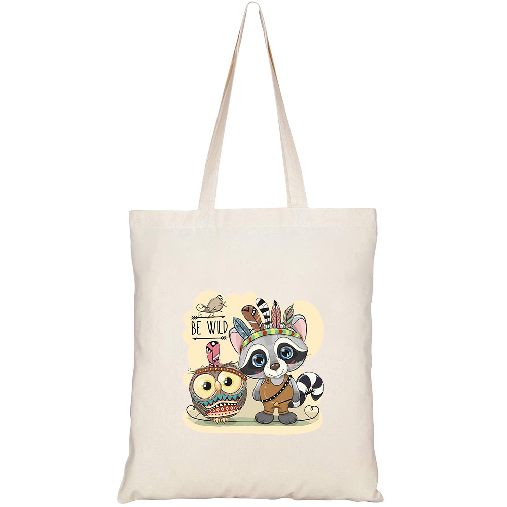 Túi vải tote canvas HTFashion in hình cute cartoon tribal raccoon owl HT346