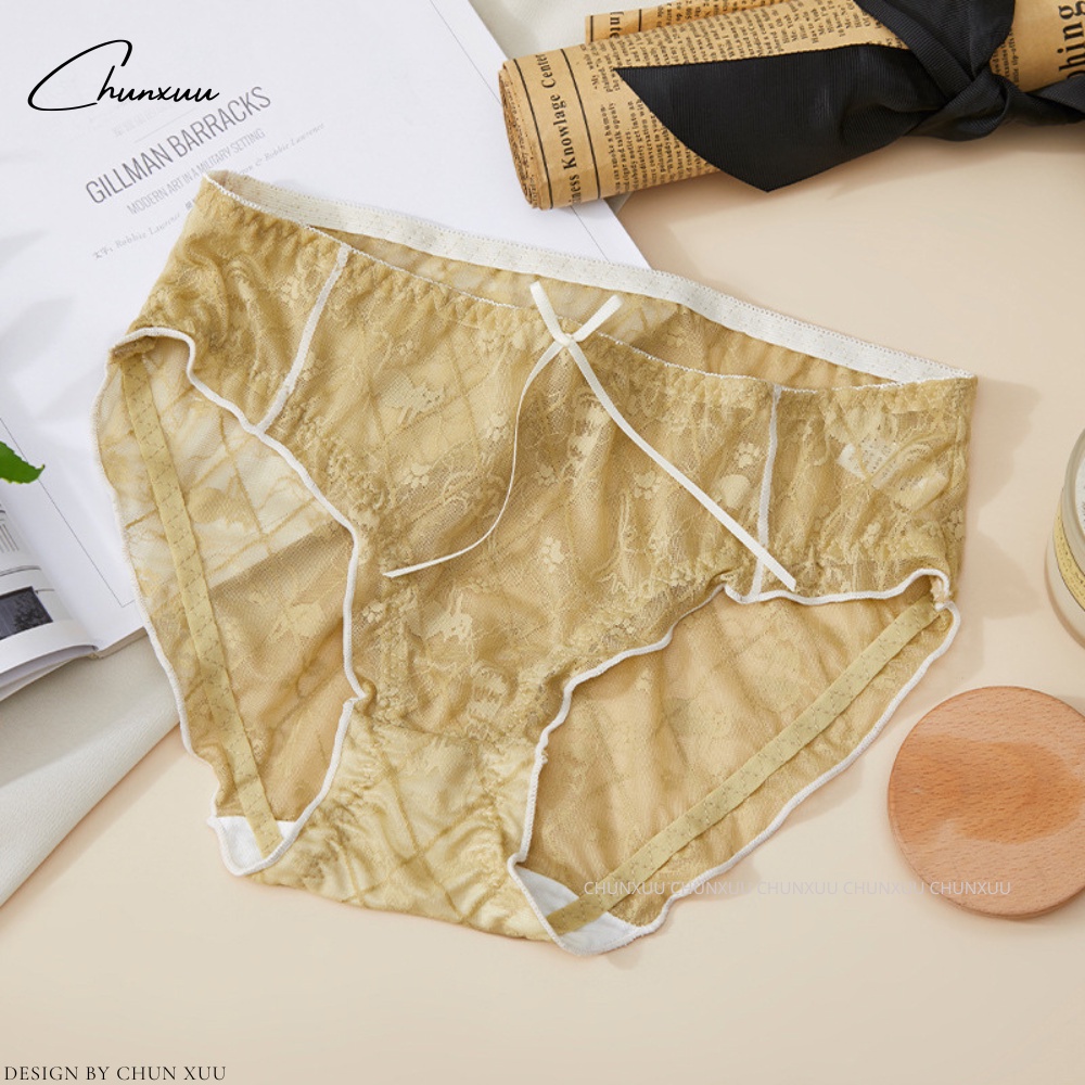 Quần lót ren nữ vải ren gấm cao cấp họa tiết mèo in chìm đính nơ dễ thương ChunXuu - QC130