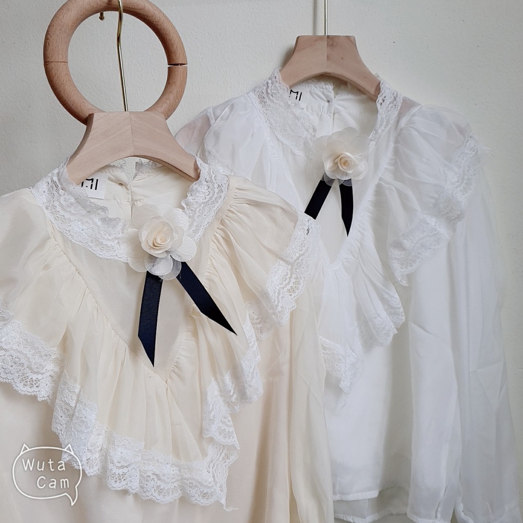Áo kiểu nữ đẹp phối nơ tay dài khuyu ngọc tiểu thư bánh bèo hàn quốc màu trắng tay phồng sexy Liao fashion UV35