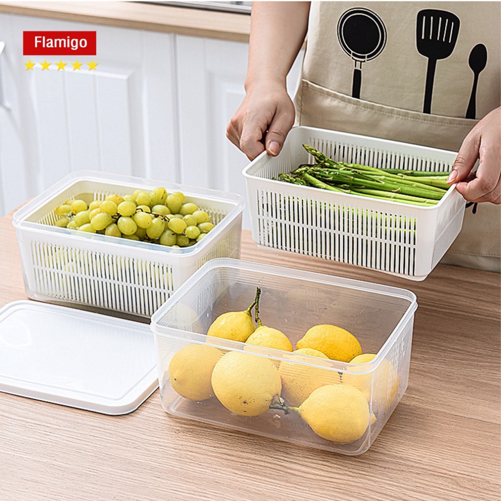 Hộp đựng thực phẩm có nắp đậy cao cấp, khay nhựa để tủ lạnh kèm rổ ráo nước bảo quản thức ăn tiện dụng .