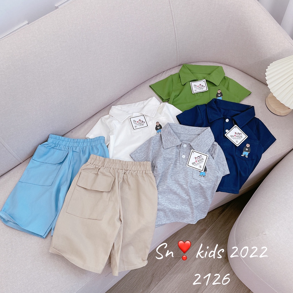 Quần áo cho bé trai, set áo có cổ gấu PO.LO kèm quần ngố kaki có túi cho bé