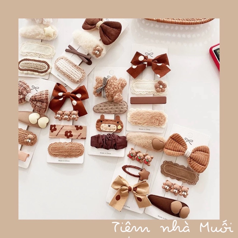 Set 4 kẹp tóc tone nâu/be/trà sữa siêu cute phong cách Hàn Quốc cho bé gái