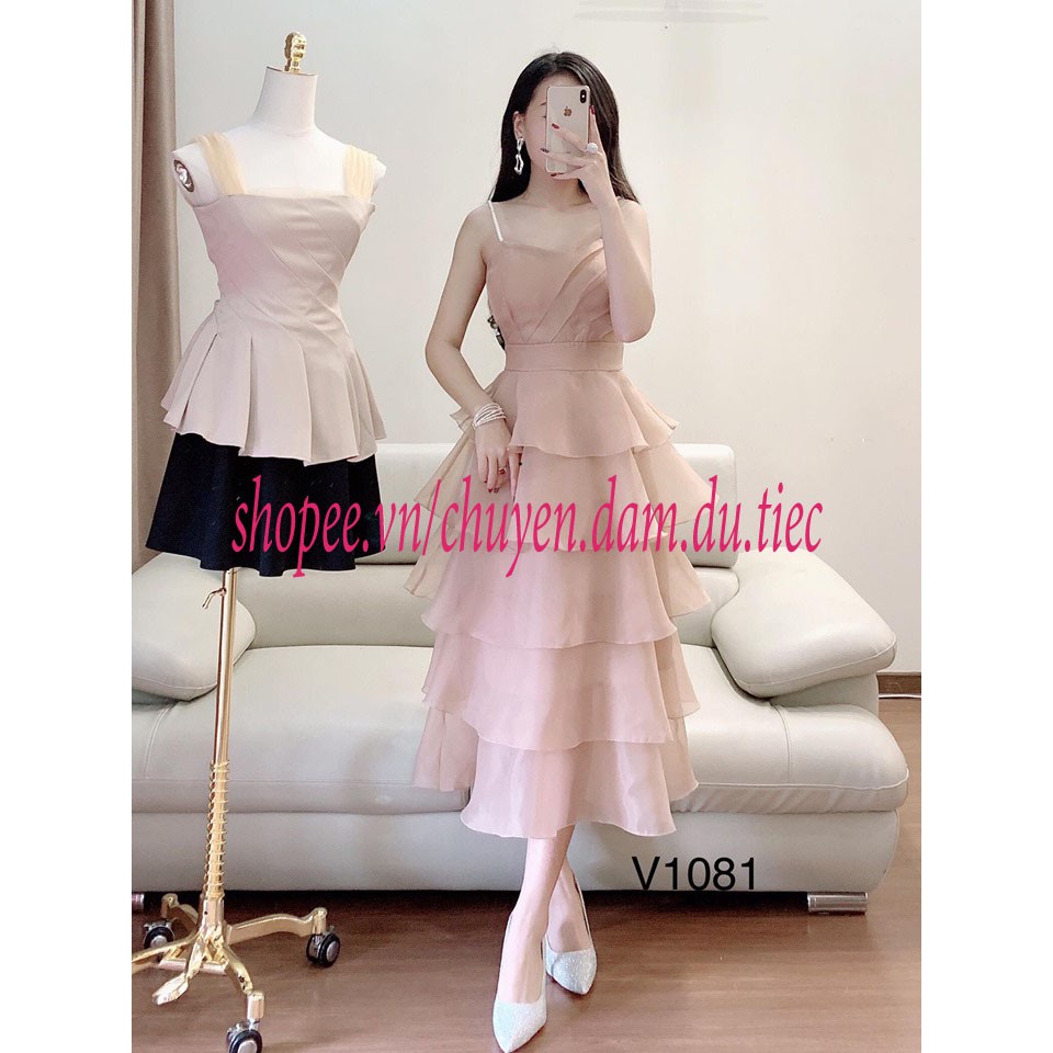 Đầm dự tiệc V1081 Váy hai dây ngọc 5 tầng (ẢNH THẬT) Màu be size S, M, L