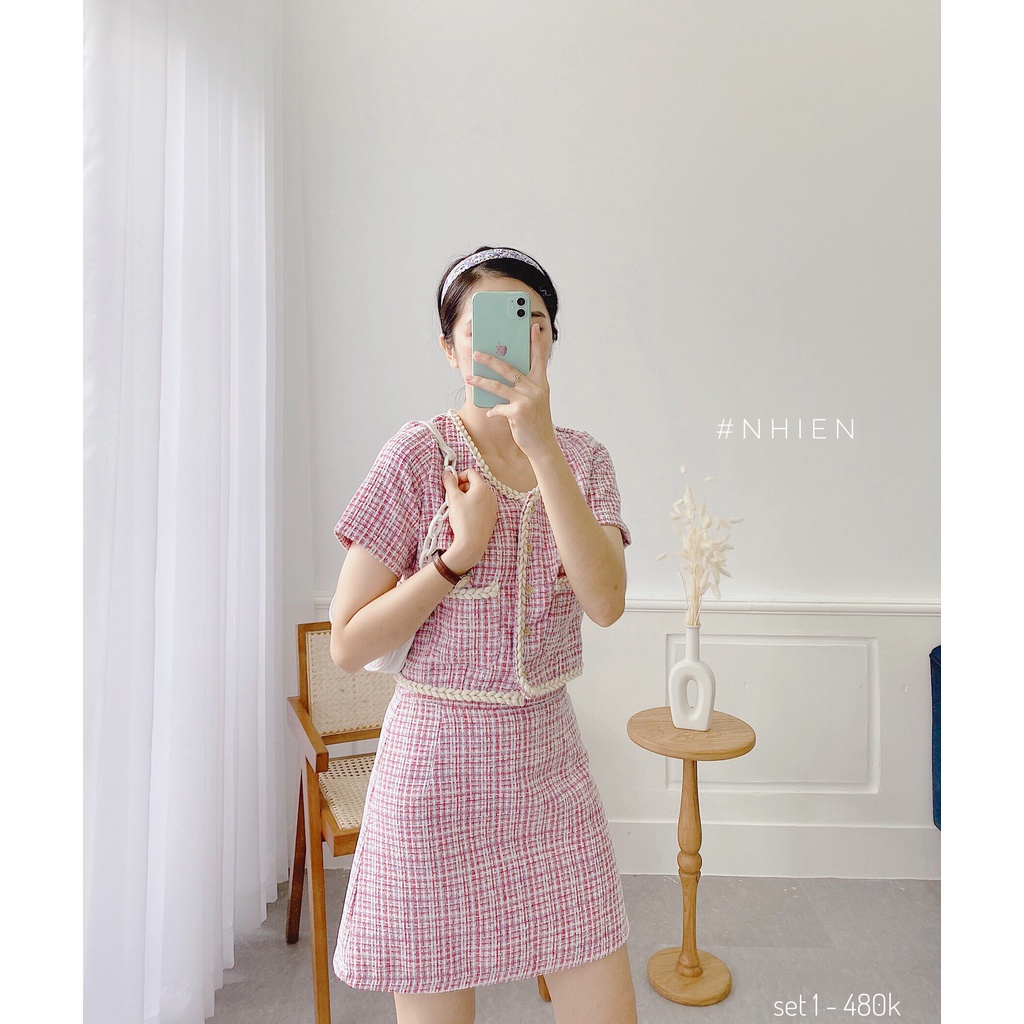 Set áo + chân váy dạ tweed thiết kế cao cấp Nhienvintage _SET1