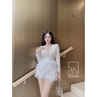 Đầm lông vũ phối ren dài tay