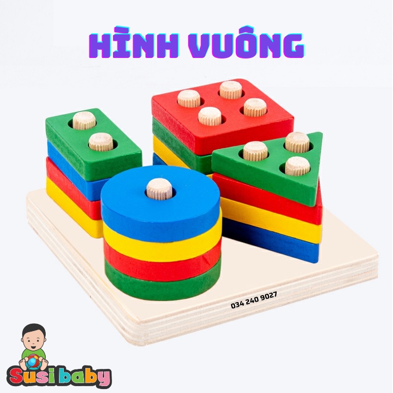 [KÈM QUÀ TẶNG] Đồ chơi gỗ thả hình khối 4 trụ hình vuông, hình chữ nhật - đồ chơi cho bé