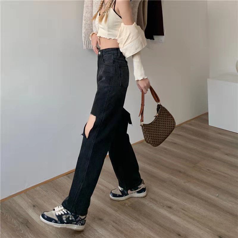 Jiashucheng Quần Jeans Nữ Lưng Cao Dáng Ôm Rách Cá Tính