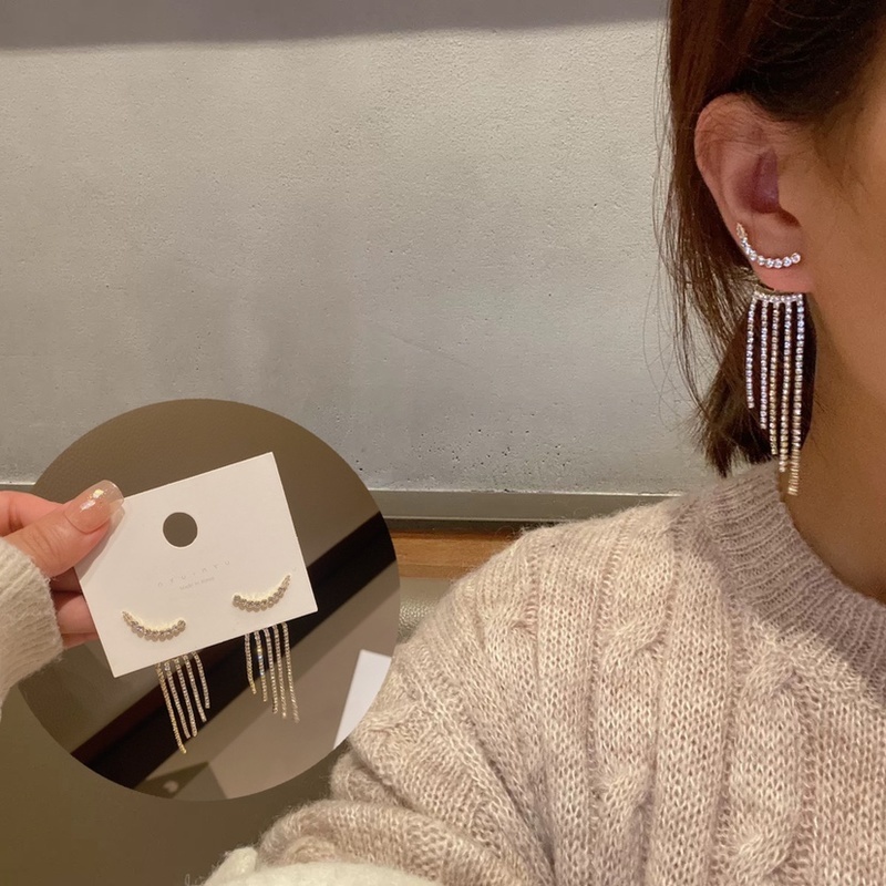 Khuyên Tai Chuỗi Tua Rua Dài Đính Đá Pha Lê