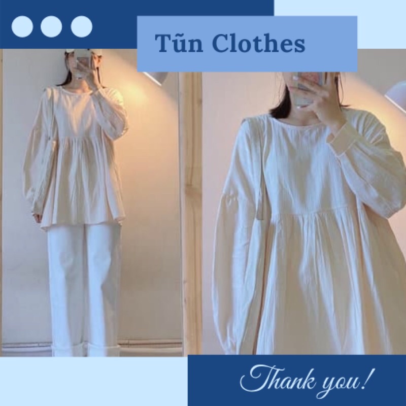 Áo sơmi babydoll thắt nơ điệu đà hfng oversize rộng rãi