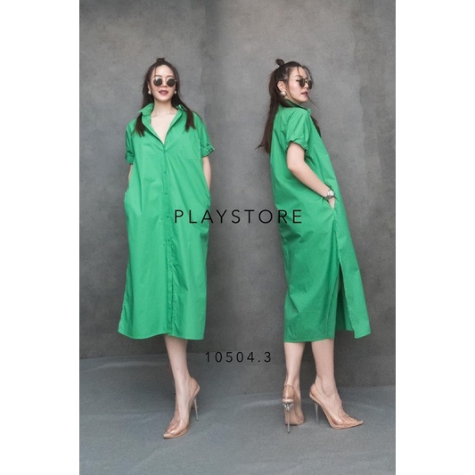 Đầm sơ mi oversize xanh lá Thái Lan thiết kế cao cấp giật tag