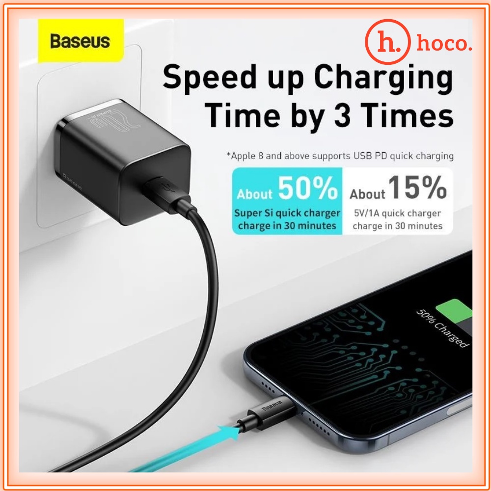 Bộ Sạc Nhanh iPhone 20W + Dây Sạc Nhanh iPhone Chính Hãng Baseus Super Si Sạc đầy 50% Pin Chỉ Trong 30p - Bảo Hành 1 Năm