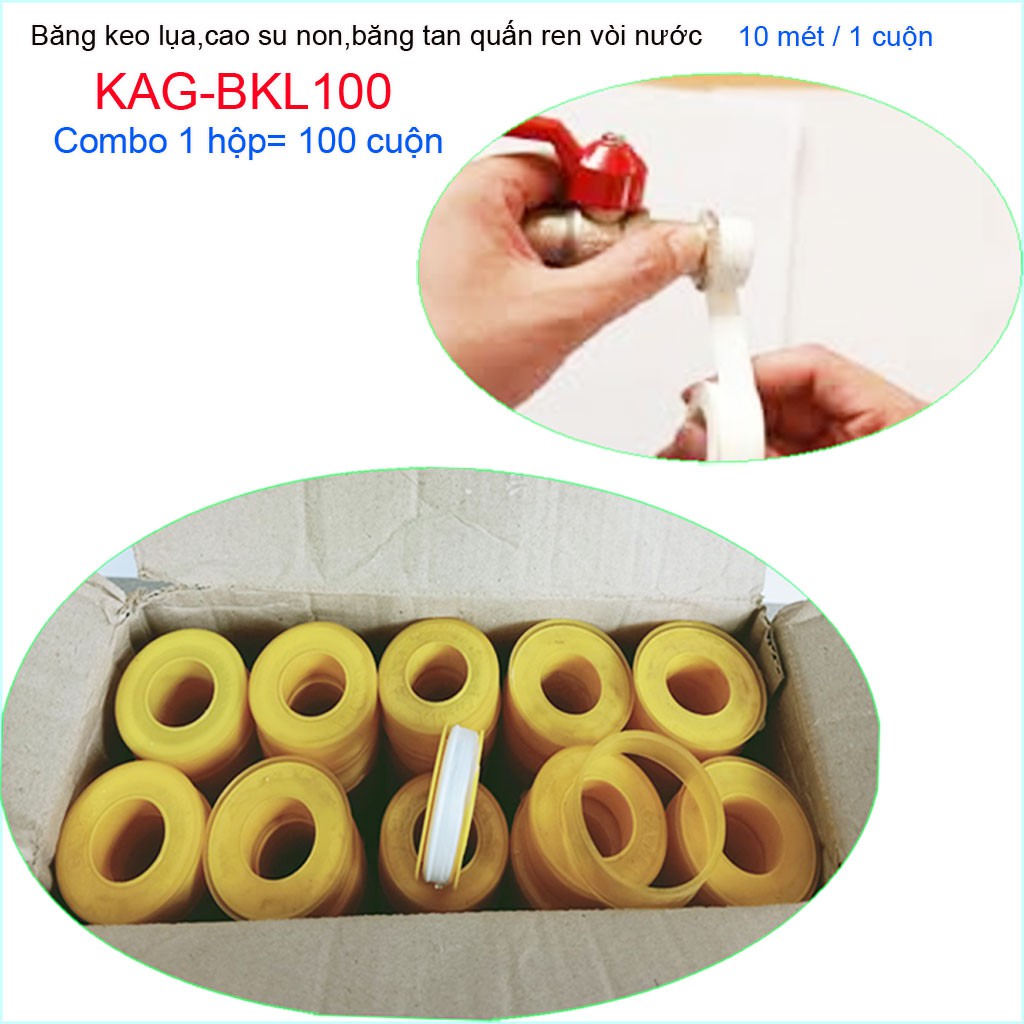 Combo100 hộp băng keo lụa 10m Classic, 100 cuộn cao su non 10 meters quấn ống nước KAG-BKL100