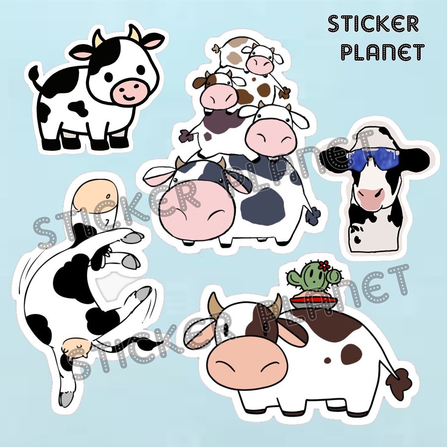 Bộ sticker chống thấm nước trang trí mũ bảo hiểm, đàn, guitar, ukulele, điện thoại laptop chủ đề con bò sữa