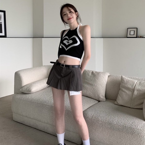 Áo ZHELIHANGFEI hai dây cổ yếm dệt kim họa tiết trái tim xinh xắn thời trang