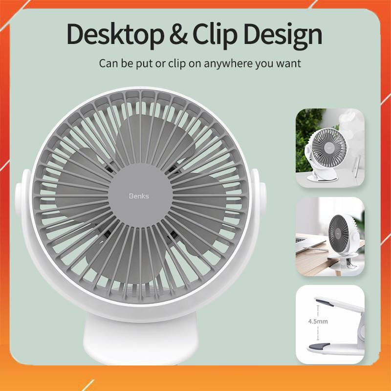 Quạt mini để bàn kiêm kẹp đa năng xoay 360 độ hiệu Benks F13 trang bị 3 chế độ làm mát và chế độ hẹn giờ hoạt động
