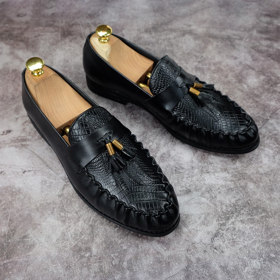 Giày lười dập vân cá sấu Độc lạ cho nam từ da bò cao cấp nhãn hiệu Fu Khang màu đen GLD24