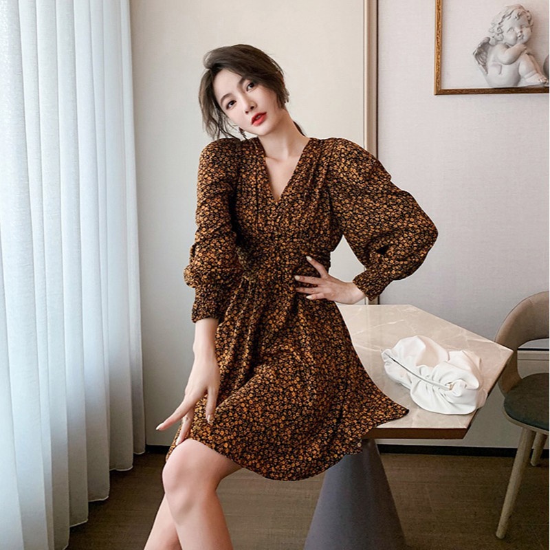 Đầm hoa IELGY tay dài cổ V thanh lịch thời trang cho nữ