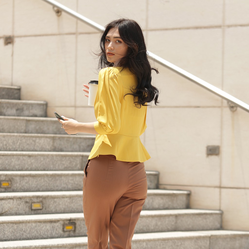 Áo kiểu công sở thời trang Eden dáng ngắn cổ cách điệu tay lửng dây kéo hông chất liệu mềm mịn không nhăn - ASM052