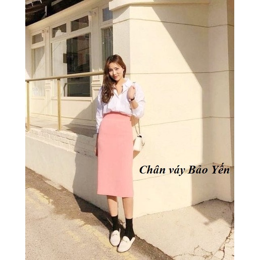 Chân váy xuông dài qua gối màu hồng phấn ( sẵn size)- M37