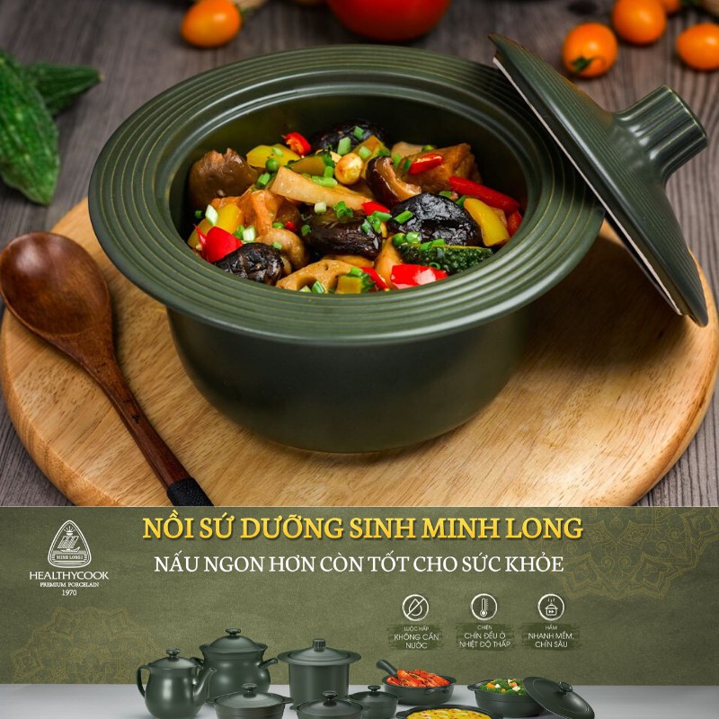 [Tặng đế lót gỗ + Chén cơm ] Nồi dưỡng sinh Minh Long vành tròn 1.0 L + nắp núm liền - HealthyCook - Xanh rêu