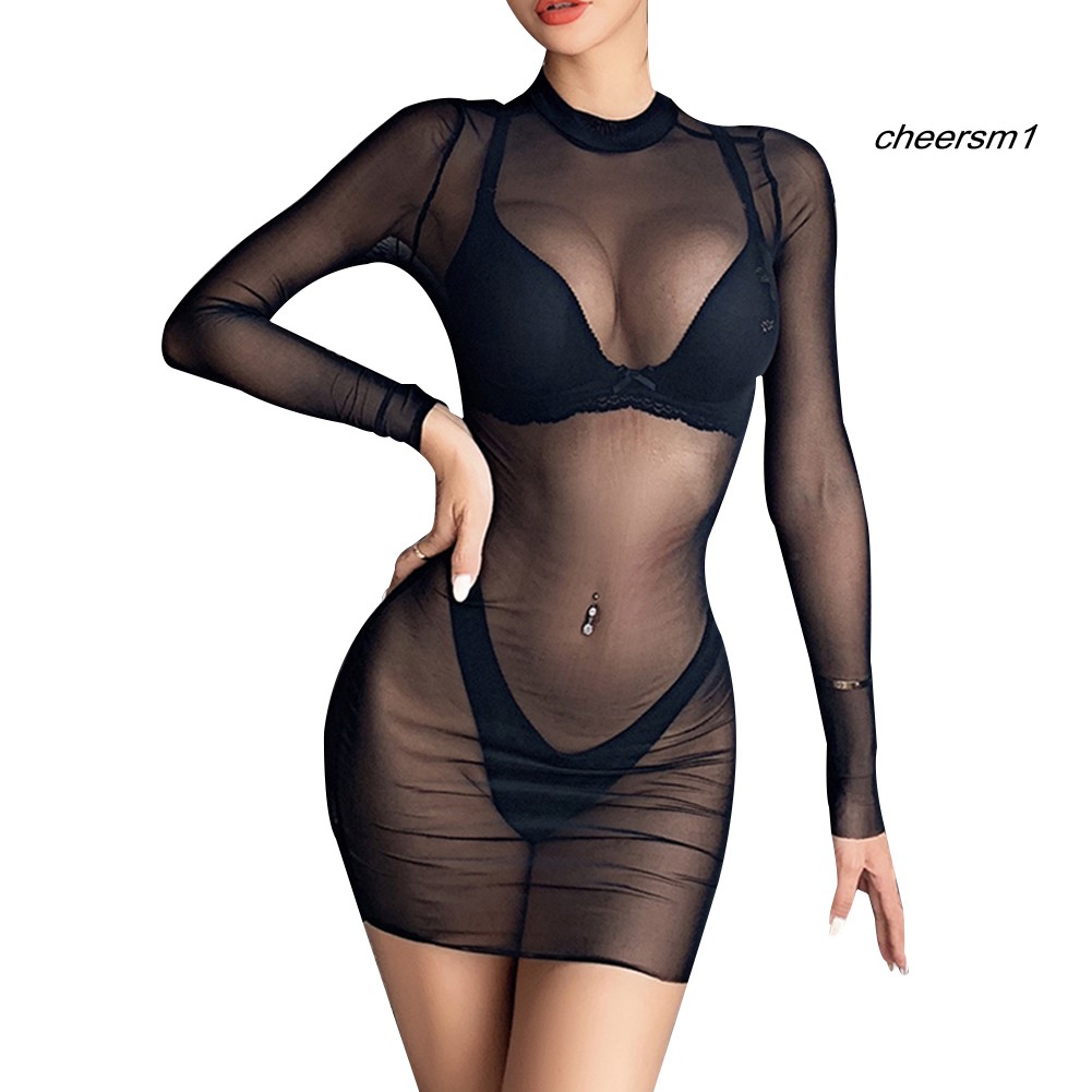 nội y bộ đồ lót Women Sexy Solid Color Long Sleeve See Through Sheer Nightwear Bodycon Dress | BigBuy360 - bigbuy360.vn