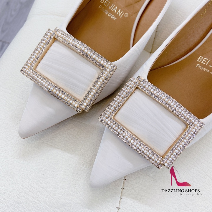 Giày Cao Gót Nữ Mũi Nhọn Charm Đá Cao Cấp, Giày Cao Gót Nữ Đế Mảnh Cao 6P, Chất Liệu Da Cao Cấp, Đi Êm Chân - DA719