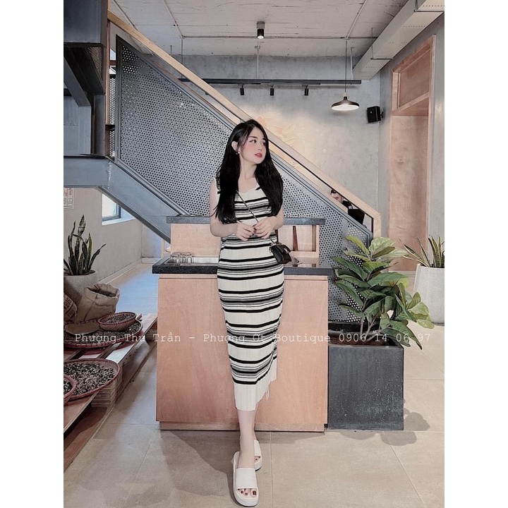 Váy len mỏng, Váy body montergi kẻ sát nách dáng dài vải mềm co giãn MAIANHSHOP