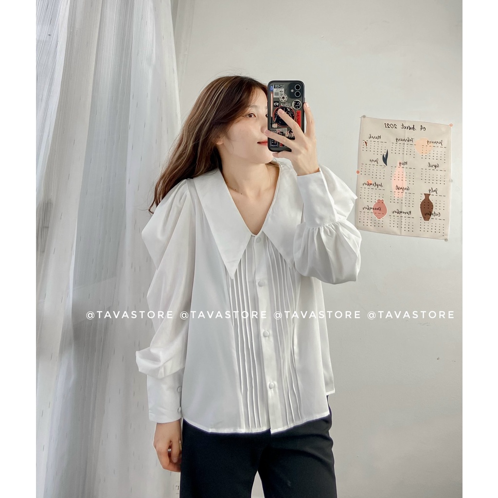 Áo sơmi cổ yén xếp li