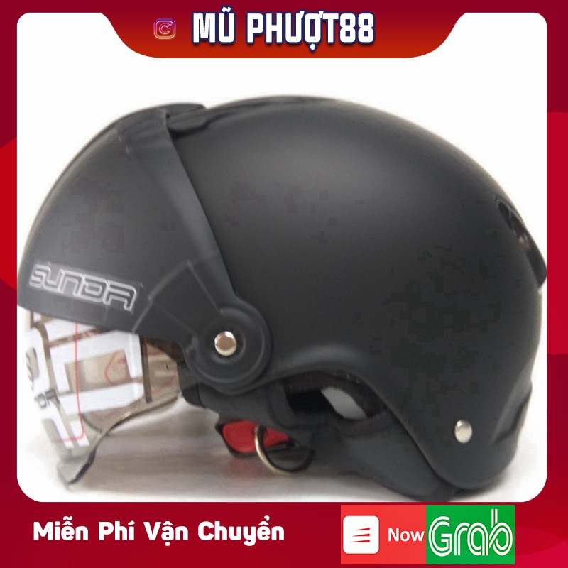 Mũ bảo hiểm nửa đầu SUNDA 135D đen nhám, mũ nửa đầu giấu kính tháo lót tiện lợi thời trang clip thật