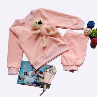 Bộ bé gái dài tay túi ngực kèm gấu màu hồng_Bống fashion store