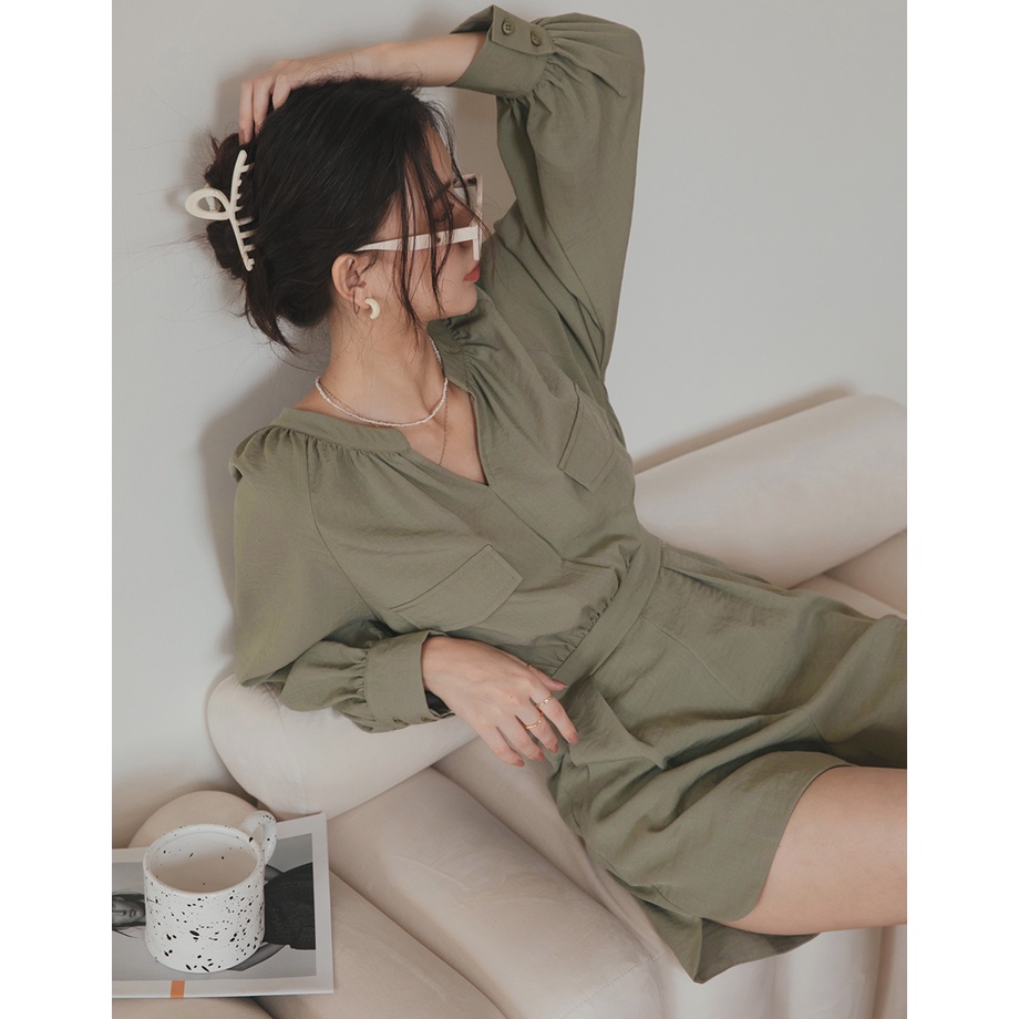 Jumpsuit cổ V tay dài bo eo nữ Air Space 2131828003