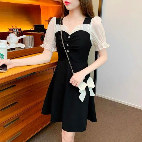 Váy đầm dự tiệc, dạo phố phong cách Hàn quốc, vải umi đen phối voan đính ngọc Vden01
