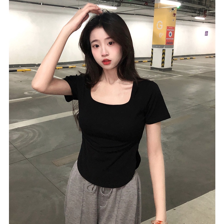 Áo Thun Tay Ngắn Cổ Vuông Dáng Ôm Phong Cách Hàn Quốc Thời Trang Cho Nữ