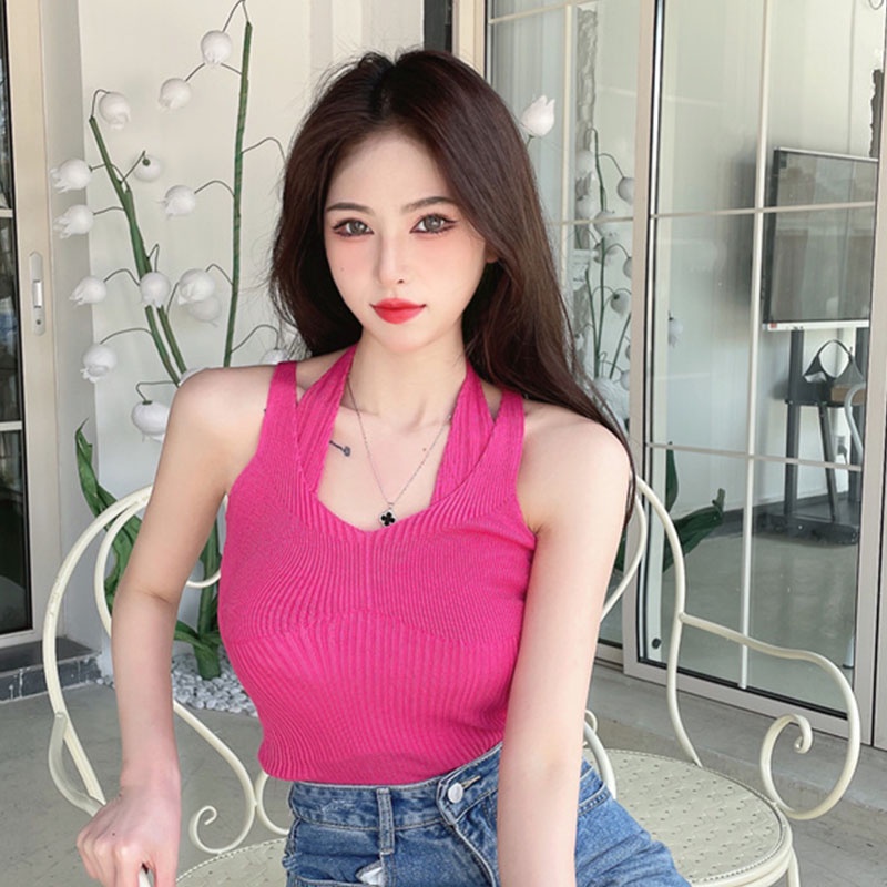 SUXI Áo Croptop Dệt Kim Trễ Vai Màu Sắc Thanh Lịch