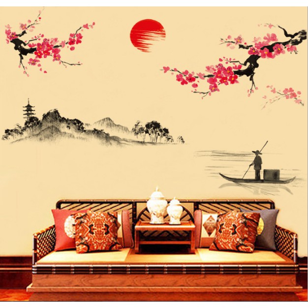 [HÀNG HOT] Decal dán tường HOA ĐẦO THƯ PHÁP 02 - Tranh dán tết Đào thư pháp 02