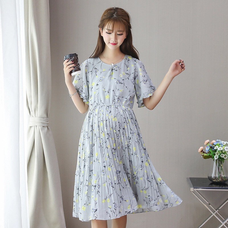 Váy bầu (Đầm bầu) voan lụa hoa xanh cao cấp hè 2019