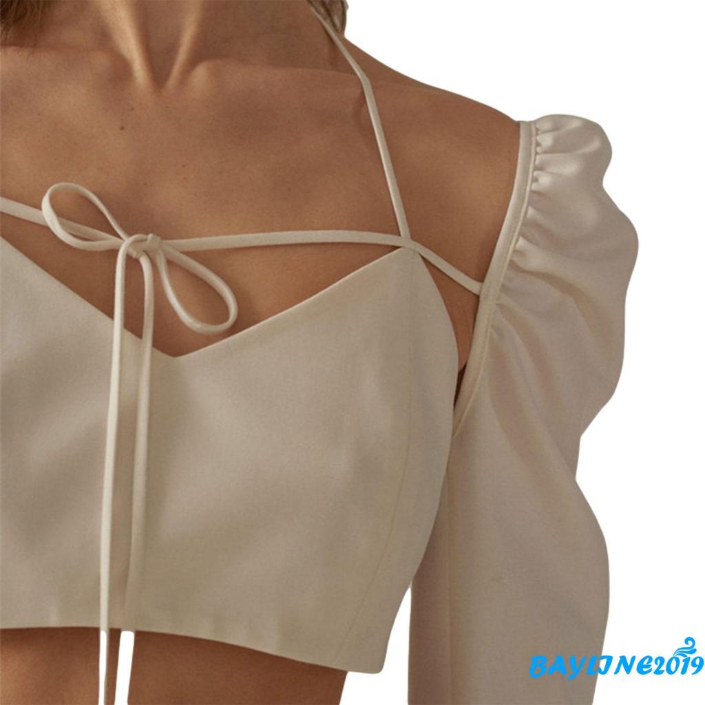 Áo Thun Tay Dài Cổ Chữ V Cột Dây Hở Lưng Màu Trơn Thời Trang Cho Nữ