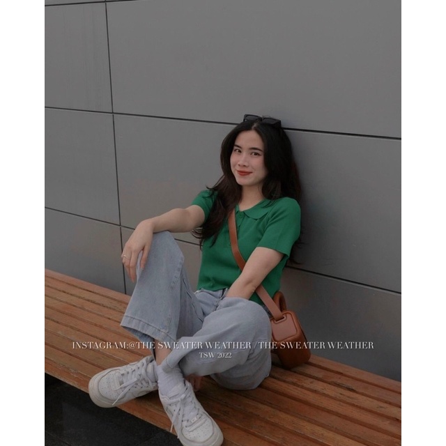 Áo len nữ dệt kim cộc tay cổ bẻ dáng croptop