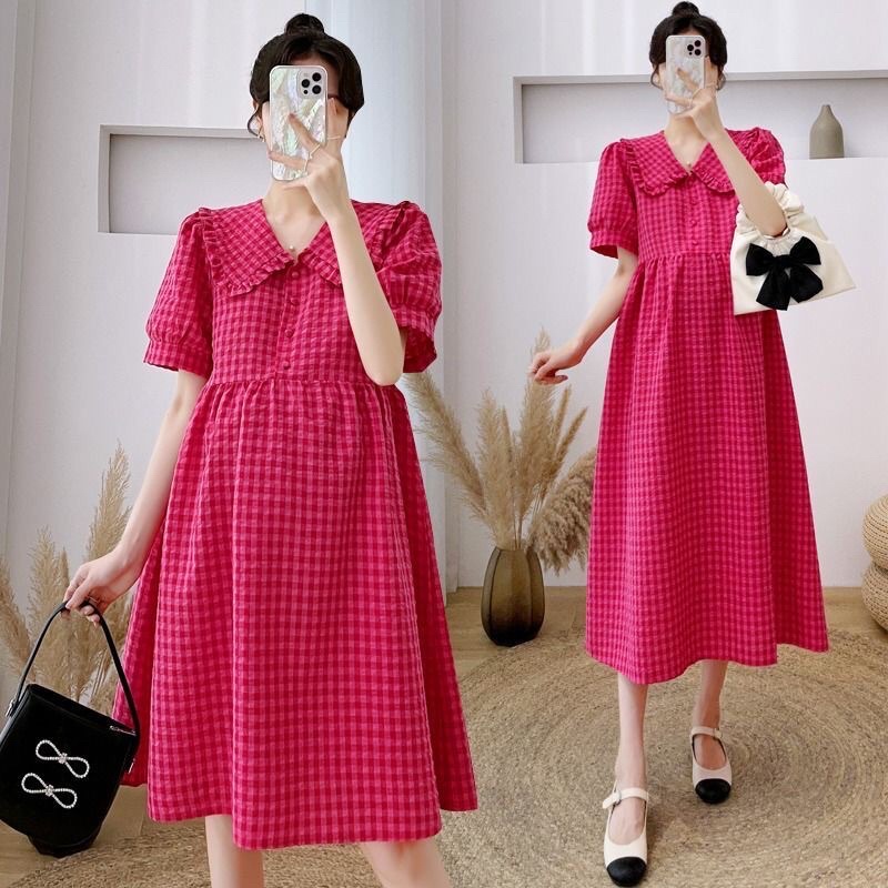 Váy đầm bầu công sở hè thu cổ búp bê kẻ sọc caro thiết kế cao cấp đẹp rẻ