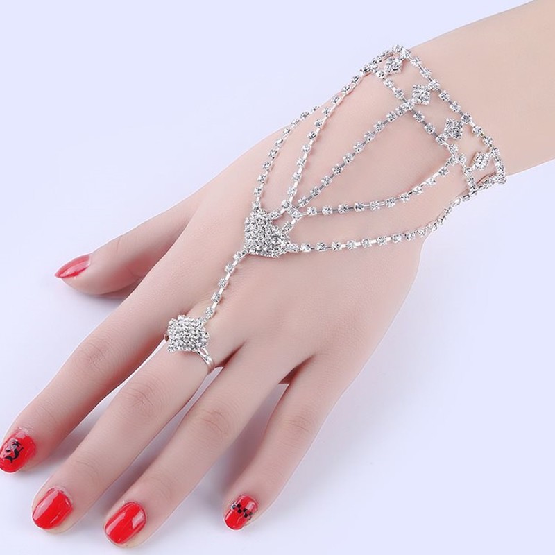 Lắc Tay Bạc Nữ Free Size Họa Tiết Pha Lê Chuỗi Liền Nhẫn Phù Hợp Dạ Tiệc Cô Dâu