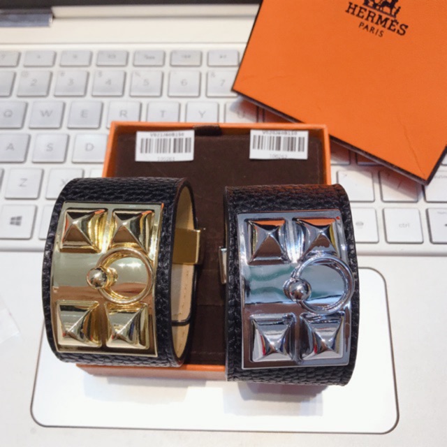 Vòng tay da HM khóa bạc 2 màu sang chảnh - nạm đinh mặt khóa cao cấp - bền màu