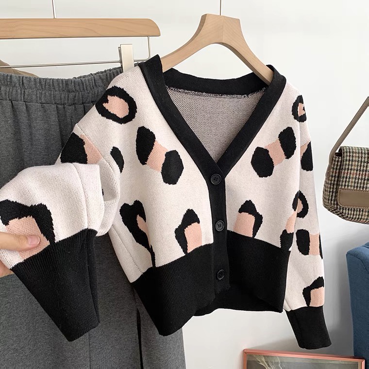 SUXI Áo khoác cardigan dệt kim cổ chữ v in họa tiết da báo thiết kế mới thời trang phong cách Hàn Quốc cho nữ