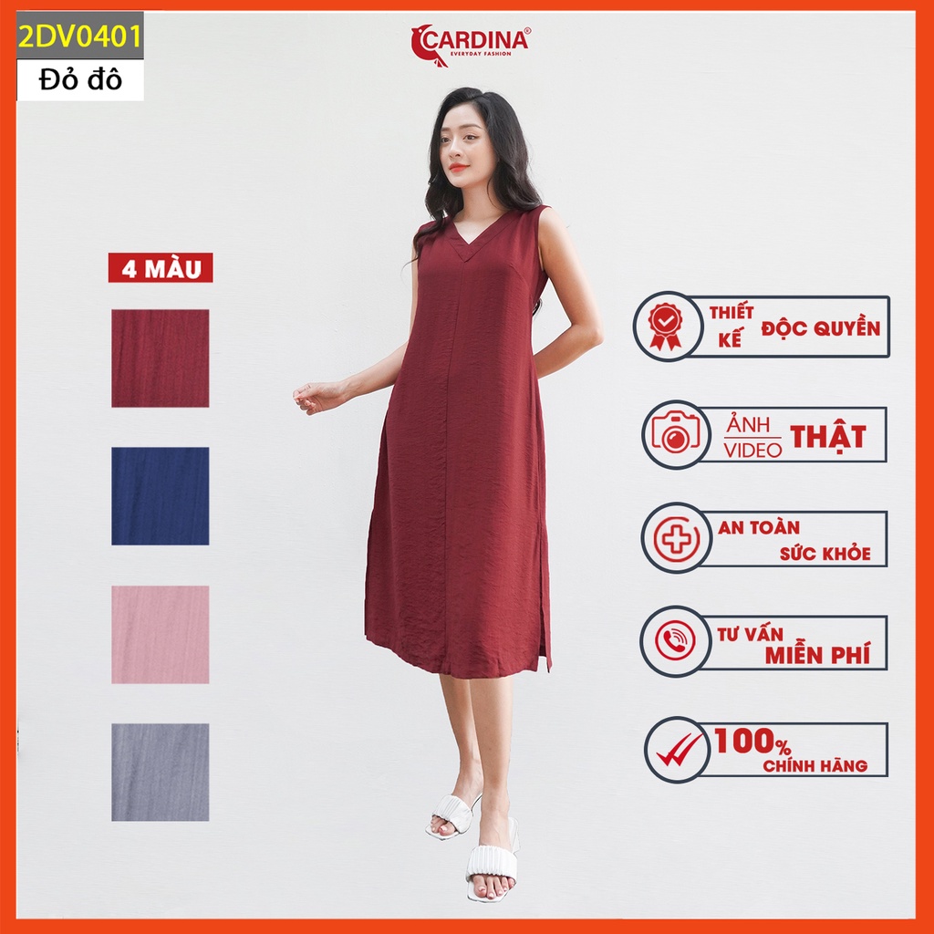 Đầm nữ CARDINA chất đũi cao cấp cổ tim dáng suông xẻ hai bên phong cách hiện đại 2VD04
